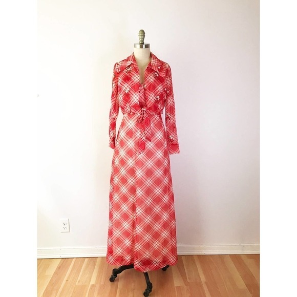 70s Gingham Maxi Dress Red Picnic Long Embroidered Garden Longsleeve 2 Piece Set - Picture 3 of 10